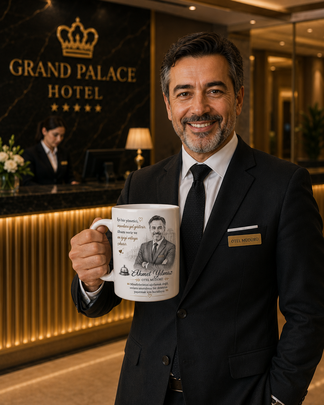 Kişiye Özel Karakalem Otel Müdürü Kupa Bardak – Prestij ve Liderliği Yansıtan Özel Meslek Hediyesi