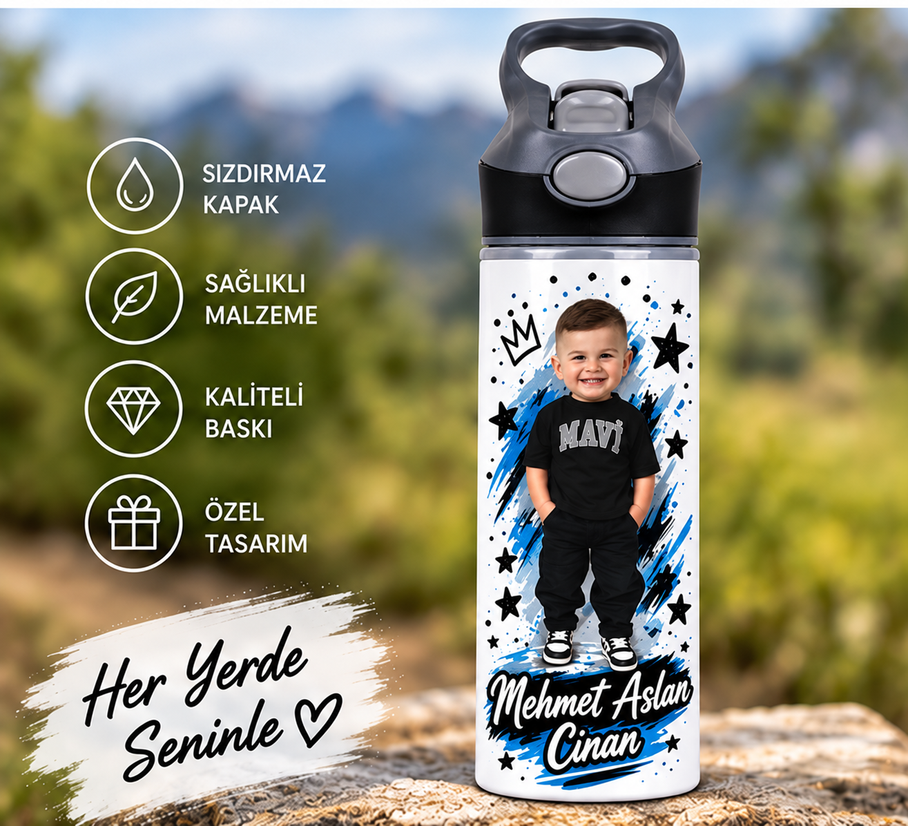 Kişiye Özel Fotoğraflı Pipetli Matara 650 ML – İsimli Çocuk Matarası