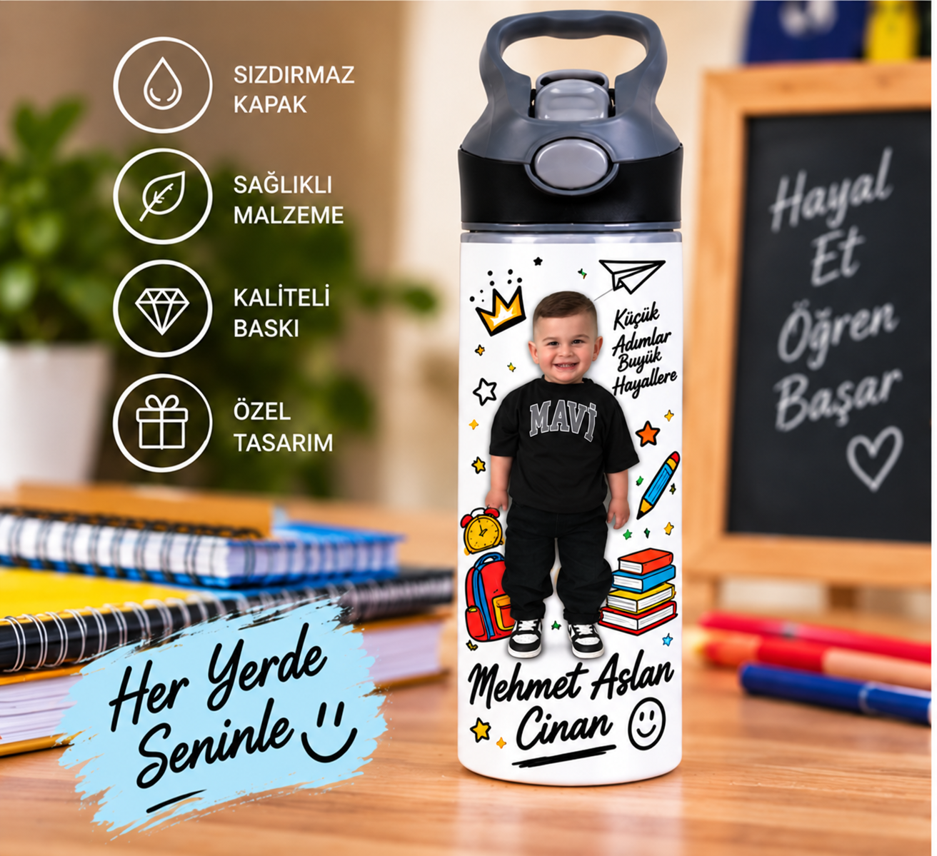 Kişiye Özel Fotoğraflı Pipetli Matara 650 ML – İsimli Çocuk Matarası