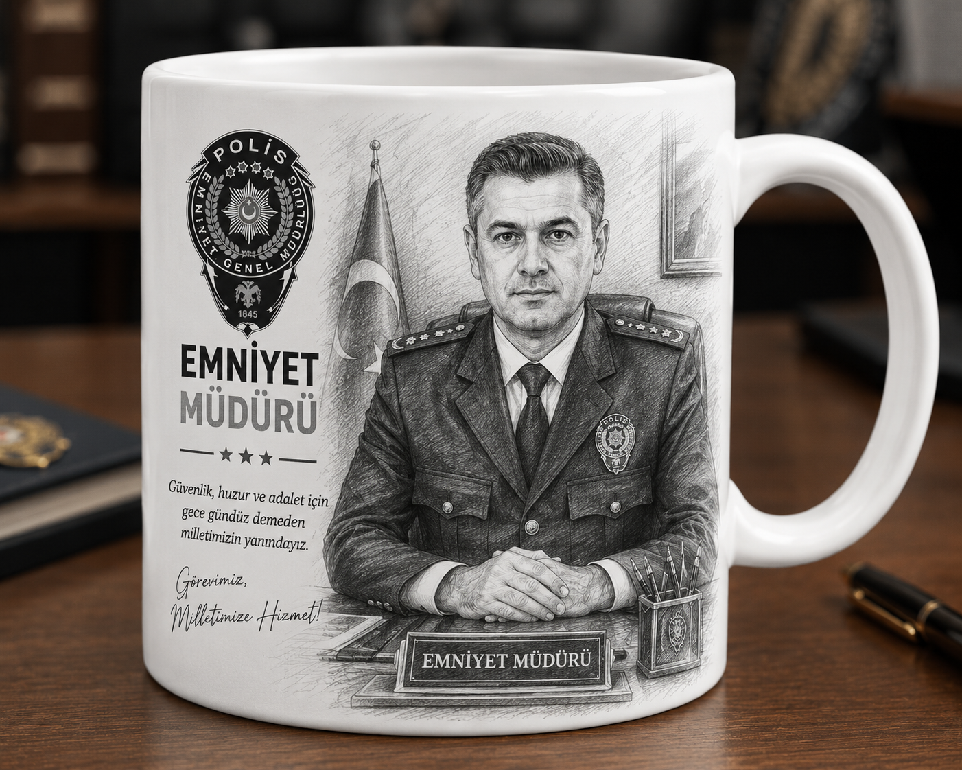 Kişiye Özel Karakalem Emniyet Müdürü Kupa Bardak – Mesleki Gururu Ölümsüzleştiren Prestijli Hediye