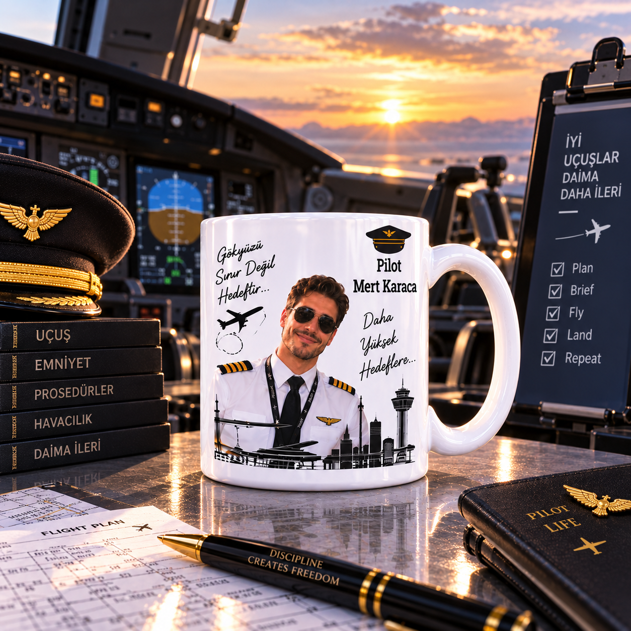 Kişiye Özel İsimli Fotoğraflı Pilot Kupa Bardak – Gökyüzü Tutkunuzu Her Yudumda Yanınızda Taşıyın